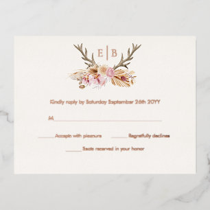 Invitación Postal Con Relieve Metalizado Cuerno Floral de Ciervo Boho Moderno RSVP Rosa Dor