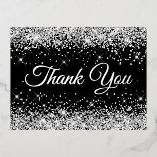 Invitación Postal Con Relieve Metalizado Cumpleaños 40 Falso Glitter Plateado Negro Gracias