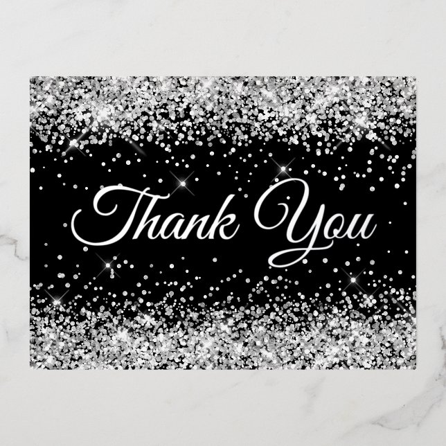 Invitación Postal Con Relieve Metalizado Cumpleaños 50 Negro Brillante Plata Gracias (Anverso)
