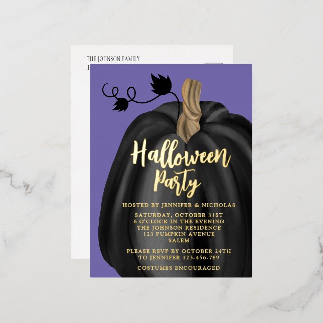 Invitación Postal Con Relieve Metalizado Cute Purple Pumpkin Halloween Gold (Anverso/Reverso)