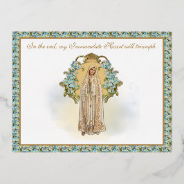 Invitación Postal Con Relieve Metalizado Dama religiosa de Fátima Corazón Inmaculado Católi