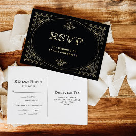 Invitación Postal Con Relieve Metalizado Deco moderno | Elegante RSVP de Boda Negra y Oro