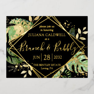 Invitación Postal Con Relieve Metalizado Desayuno Brunch Nupcial Tropical Negro Moderno & D