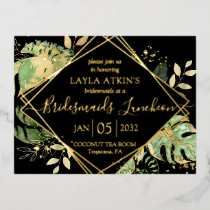 Invitación Postal Con Relieve Metalizado Desayuno Nupcial Tropical Moderno de Damas de Hono