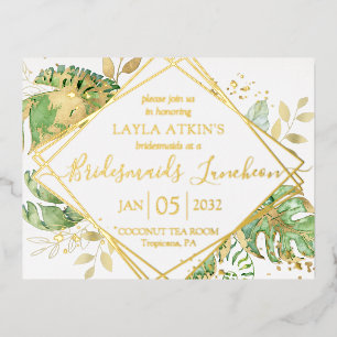 Invitación Postal Con Relieve Metalizado Desayuno Nupcial Tropical Moderno de Damas de Hono