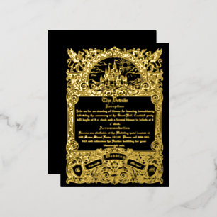 Invitación Postal Con Relieve Metalizado Detalles de Boda con Hojas de Oro Negras Medievale