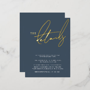 Invitación Postal Con Relieve Metalizado Detalles de Boda Elegantes en Azul Pizarra con Hoj