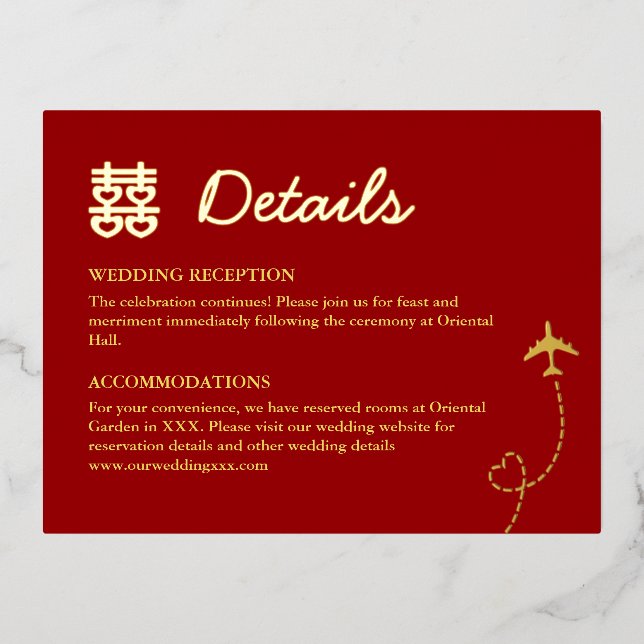 Invitación Postal Con Relieve Metalizado Detalles de la boda de destino de doble felicidad  (Anverso)