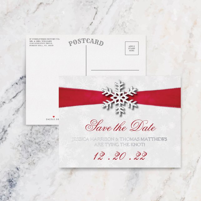 Invitación Postal Con Relieve Metalizado Diamante Snowflake & Red Ribbon Boda de Invierno (Subido por el creador)