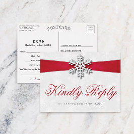 Invitación Postal Con Relieve Metalizado Diamante Snowflake & Red Ribbon Boda de Invierno