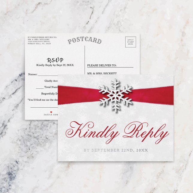 Invitación Postal Con Relieve Metalizado Diamante Snowflake & Red Ribbon Boda de Invierno (Subido por el creador)