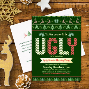 Invitación Postal Con Relieve Metalizado Diviértete con suéter feo de Navidad, fiesta navid