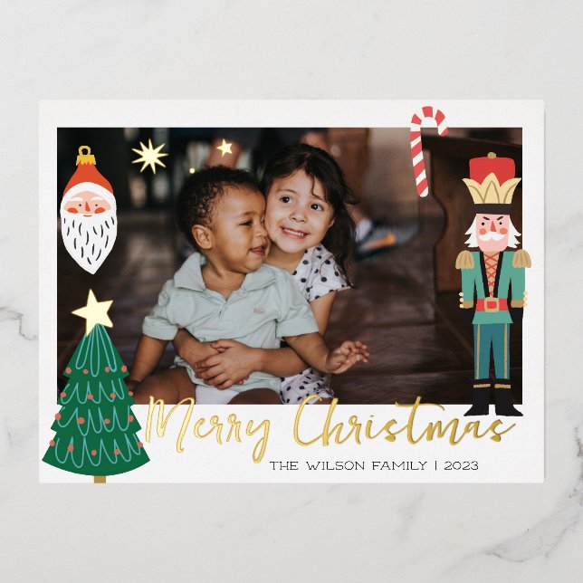 Invitación Postal Con Relieve Metalizado Dorado de Navidad Santa Cascanueces Foto de Famili (Anverso)