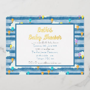 Invitación Postal Con Relieve Metalizado Ducha de bebé, azul, globo de aire caliente