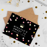 Invitación Postal Con Relieve Metalizado Dulce de la Corona Rosa y Oro Confetti 16 Fiesta d<br><div class="desc">Moda Sweet 16 invitación de postal en negro impreso con confetti en Relieve metalizado rosa y blanco y dorado. Postal de invitación dulce 16 personalizada con el nombre del chica de cumpleaños debajo de una corona de princesa dorada.</div>