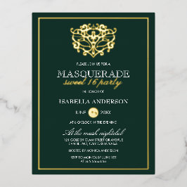 Invitación Postal Con Relieve Metalizado Dulce de la mascarada de oro y verde esmeralda 16 