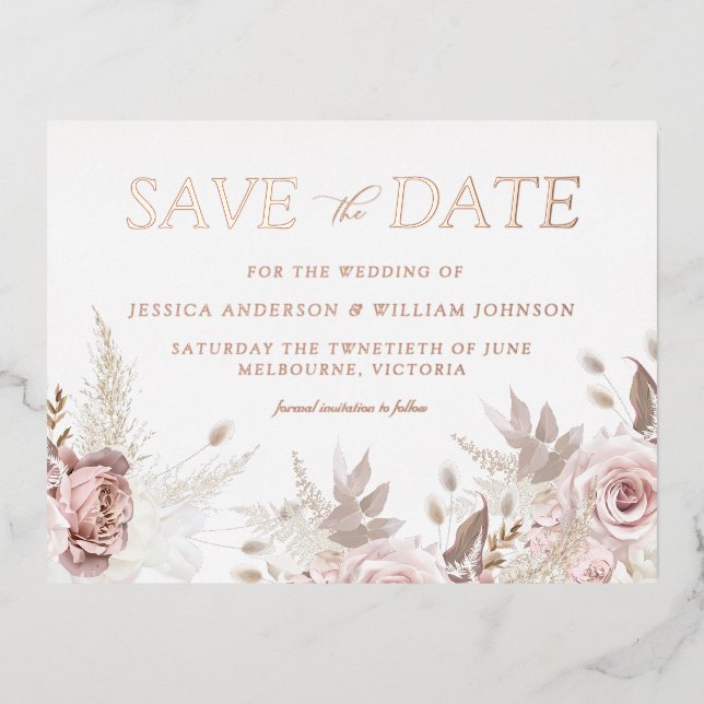 Invitación Postal Con Relieve Metalizado Dusty Rose Blush Wedding Save The Date Rose Gold (Anverso)