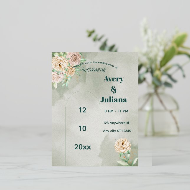 Invitación Postal Con Relieve Metalizado Earthy Shades Flowers Boho Elegant Sage Green  (Anverso de pie)