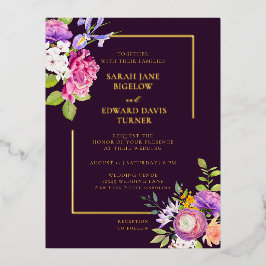 Invitación Postal Con Relieve Metalizado Eggplant Purple Ranunculus Floral