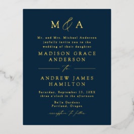 Invitación Postal Con Relieve Metalizado Elegancia Moderna Monograma Boda Azul Marino y Dor