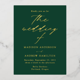 Invitación Postal Con Relieve Metalizado Elegancia moderna Verde y Boda de oro