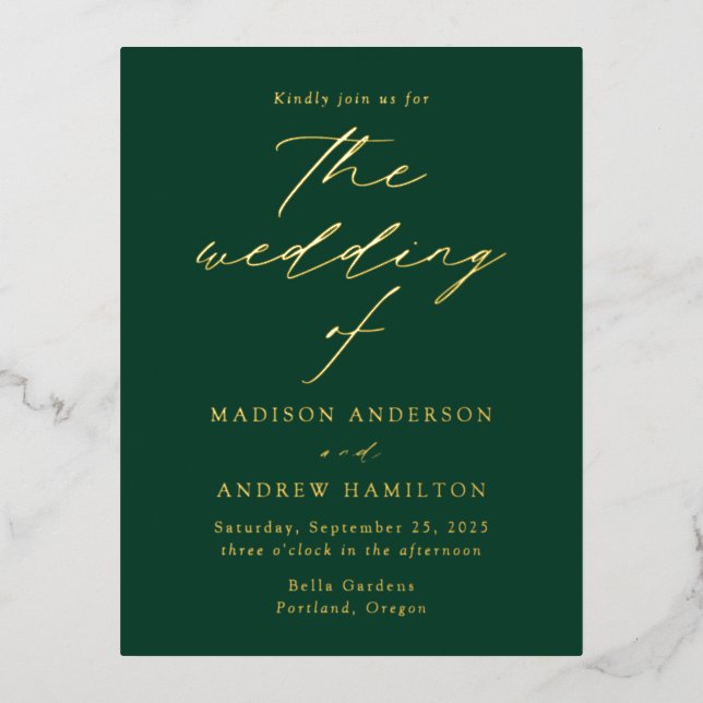 Invitación Postal Con Relieve Metalizado Elegancia moderna Verde y Boda de oro (Anverso)