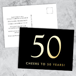 Invitación Postal Con Relieve Metalizado Elegant Black 50th Birthday Party Gold
