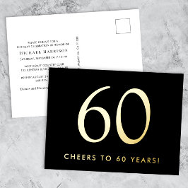 Invitación Postal Con Relieve Metalizado Elegant Black 60th Birthday Party Gold