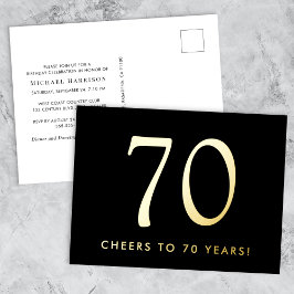 Invitación Postal Con Relieve Metalizado Elegant Black 70th Birthday Party Gold