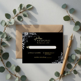 Invitación Postal Con Relieve Metalizado Elegant Black Minimalist Floral Wedding RSVP