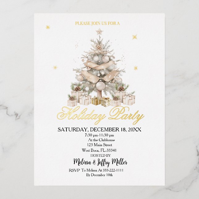 Invitación Postal Con Relieve Metalizado Elegant Gold Christmas Tree Holiday Party  (Anverso)