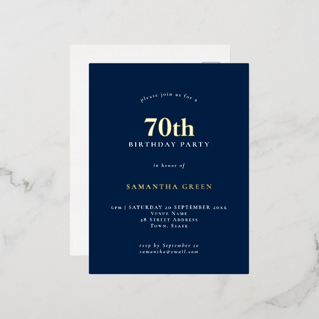 Invitación Postal Con Relieve Metalizado Elegante 70 cumpleaños fiesta de lujo marina azul (Anverso/Reverso)