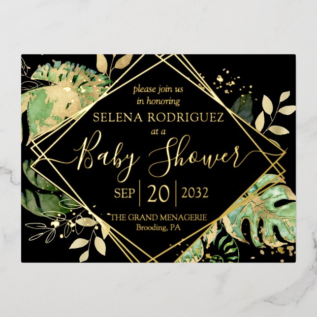 Invitación Postal Con Relieve Metalizado Elegante Baby Shower neutro de género tropical neg (Anverso)
