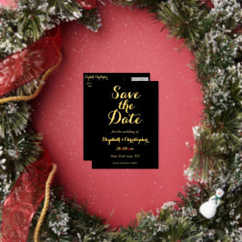 Invitación Postal Con Relieve Metalizado Elegante Black Faux Gold Wedding Save the Date