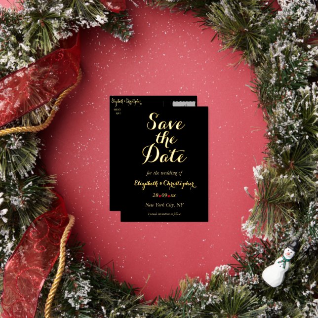 Invitación Postal Con Relieve Metalizado Elegante Black Faux Gold Wedding Save the Date (in situ)