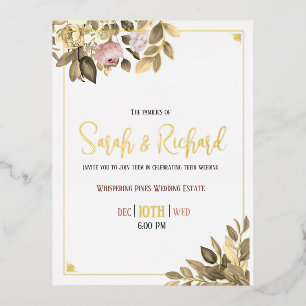 Invitación Postal Con Relieve Metalizado Elegante Boda Botánico del Relieve metalizado dora