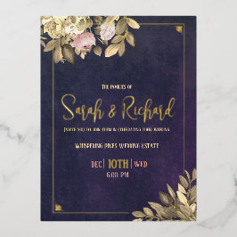 Invitación Postal Con Relieve Metalizado Elegante Boda de acentos Rubor de la Marina Gold