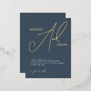 Invitación Postal Con Relieve Metalizado Elegante Boda de Letra en Hoja de Oro Azul Pizarra