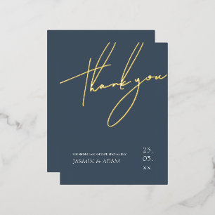 Invitación Postal Con Relieve Metalizado Elegante Boda de Oro en Pizarra Azul