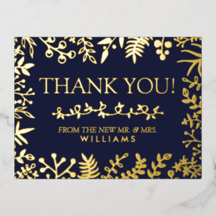 Invitación Postal Con Relieve Metalizado Elegante Boda floral azul de la Marina Gracias Rea
