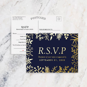Invitación Postal Con Relieve Metalizado Elegante Boda Floral Azul de la Marina RSVP Real