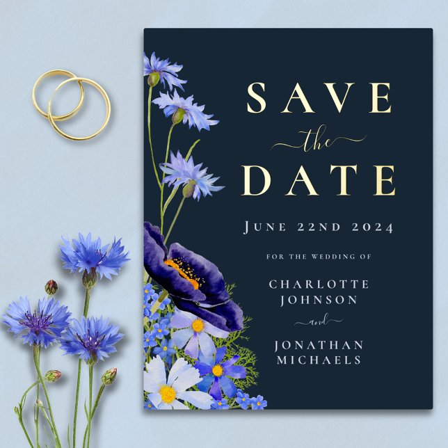 Invitación Postal Con Relieve Metalizado Elegante Boda floral azul oro (Stylish blue floral gold foil wedding save the date invitation postcard )
