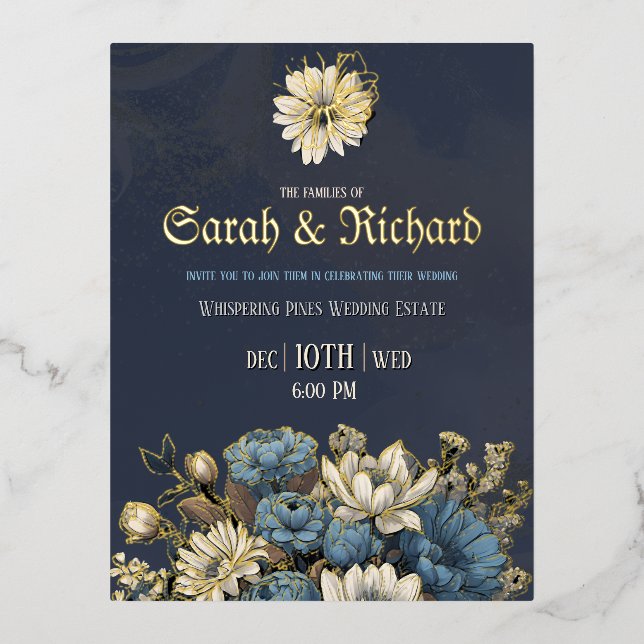 Invitación Postal Con Relieve Metalizado Elegante Boda floral de Relieve metalizado dorado  (Anverso)
