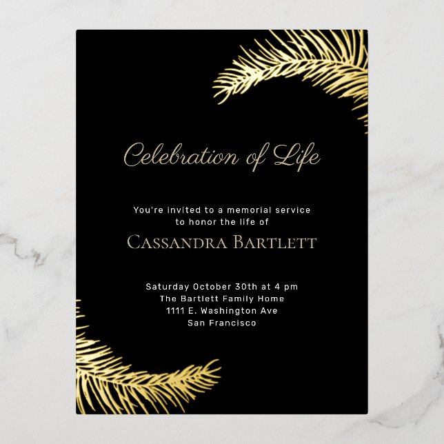 Invitación Postal Con Relieve Metalizado Elegante celebración de las hojas de oro negras (Anverso)