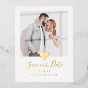 Invitación Postal Con Relieve Metalizado Elegante corazón fotográfico salva la fecha real o