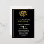 Invitación Postal Con Relieve Metalizado Elegante dorado y dulce de máscaras negras 16 Fies<br><div class="desc">Elegante Oro y Mascarada Negra Dulce 16 invitaciones de postales de Relieve metalizado Fiesta de Eugene_Designs.</div>