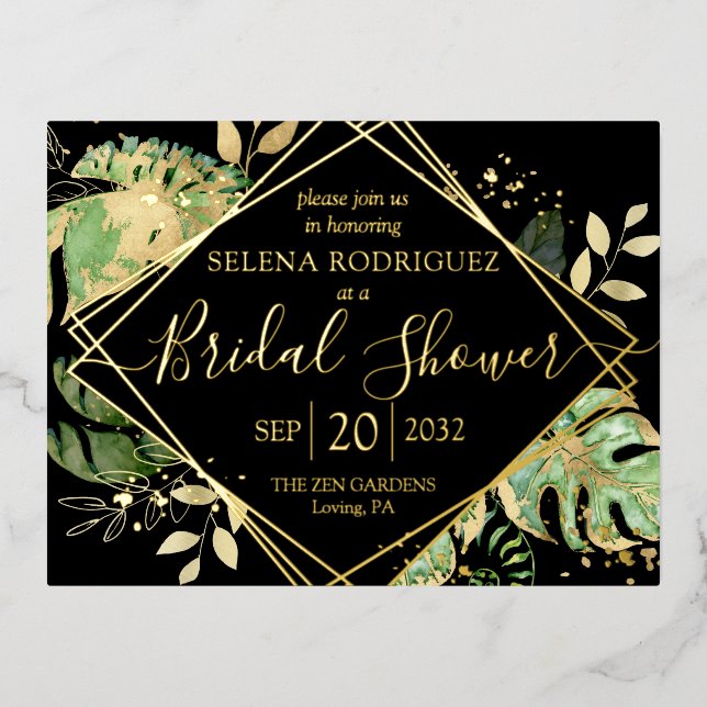 Invitación Postal Con Relieve Metalizado Elegante ducha tropical tropical de novia negro y  (Anverso)
