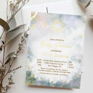 Invitación Postal Con Relieve Metalizado Elegante Fiesta de Bebé Noche Estrellada de Oro