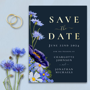 Invitación Postal Con Relieve Metalizado Elegante Floral Azul Boda Dorado