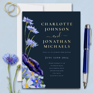 Invitación Postal Con Relieve Metalizado Elegante Floral de Verano Azul Marino y Dorado
